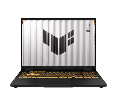ASUS TUF Gaming F16 FX608JHI-QT319W gaming laptop in Jaeger Gray, showcasing its 16-inch display and RGB backlit keyboard.