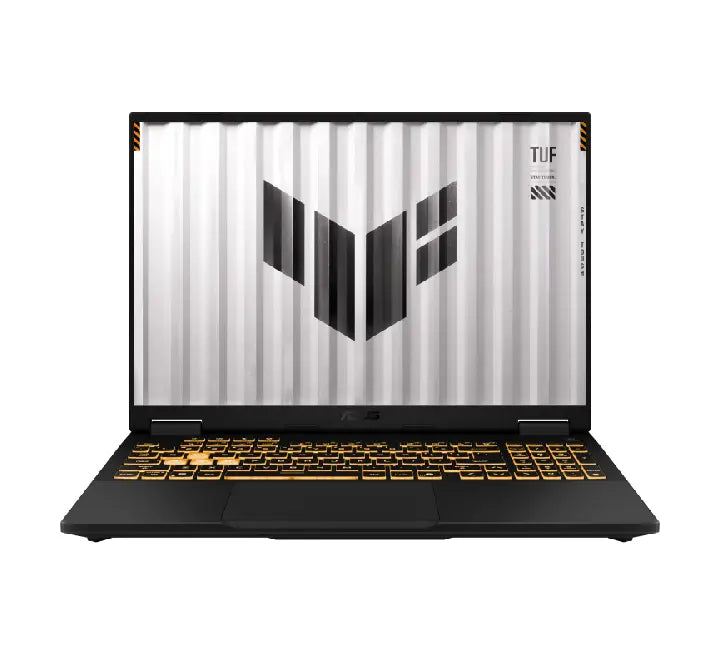 ASUS TUF Gaming F16 FX608JHI-QT319W gaming laptop in Jaeger Gray, showcasing its 16-inch display and RGB backlit keyboard.