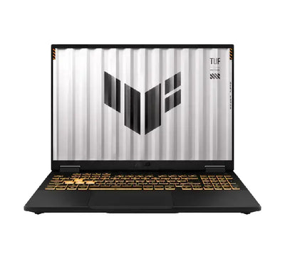 Front view of Asus TUF Gaming F16 FX608JHR-RV094W featuring a 16-inch 165Hz FHD+ display and backlit RGB keyboard.