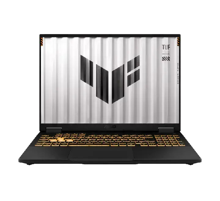 Front view of Asus TUF Gaming F16 FX608JHR-RV094W featuring a 16-inch 165Hz FHD+ display and backlit RGB keyboard.