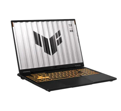Side view of Asus TUF Gaming F16 showing Thunderbolt 4, HDMI 2.1, and USB-C ports on a military-grade Mecha Gray chassis.