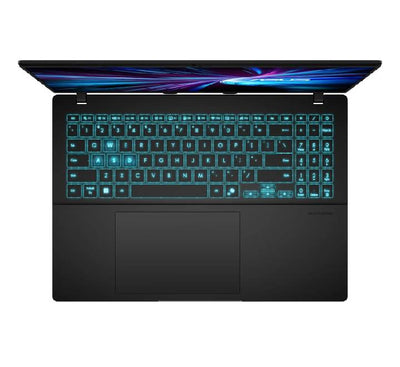 Close-up of the ASUS V16 V3607VU keyboard with Turbo Blue backlighting and integrated Num-key.