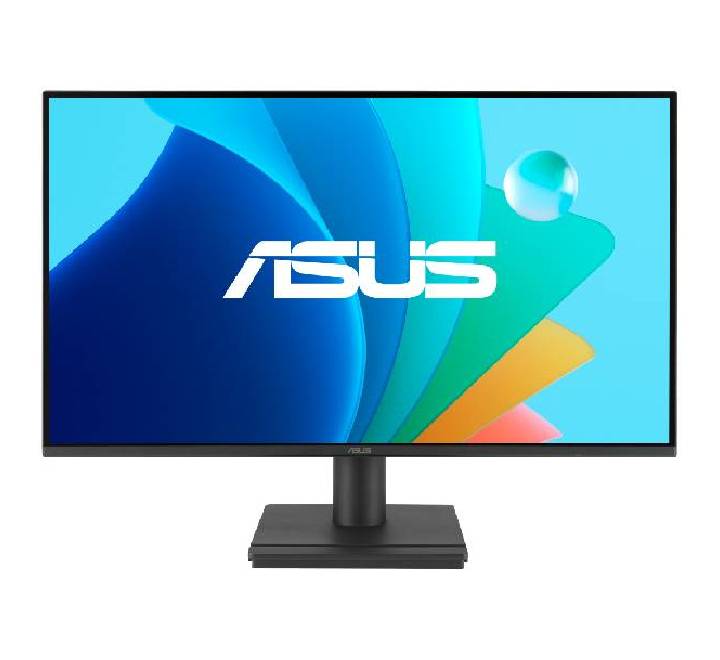 Front angled profile shot of the ASUS VA259HGA 24.5-inch 120Hz IPS gaming monitor showcasing its thin bezels and sturdy desktop stand profile.