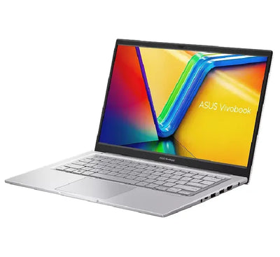 Slim profile of ASUS Vivobook 14 X1404VA showing the 180-degree lay-flat hinge and military-grade durable build.