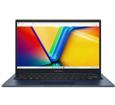 ASUS Vivobook 14 X1404VA-EB288W laptop in Quiet Blue, featuring a 14-inch display showing Windows 11 desktop environment.