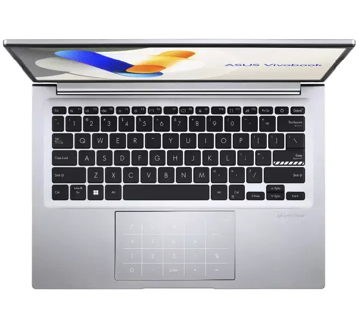 Side view of the ASUS Vivobook 14 showing the 180-degree lay-flat hinge design for easy sharing.