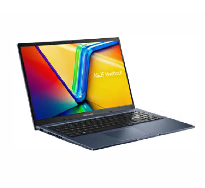 ASUS Vivobook 15 X1502VA laptop laid flat at 180 degrees showing the slim profile and flexible collaboration hinge.