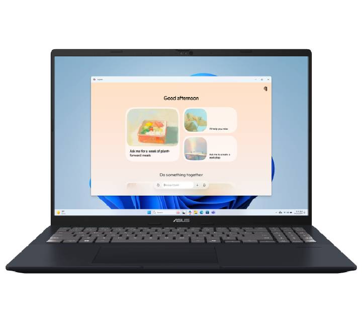 Front view of the ASUS Vivobook 16 X1607CA-MB035W in Quiet Blue, featuring the 16-inch 16:10 WUXGA display and backlit keyboard.
