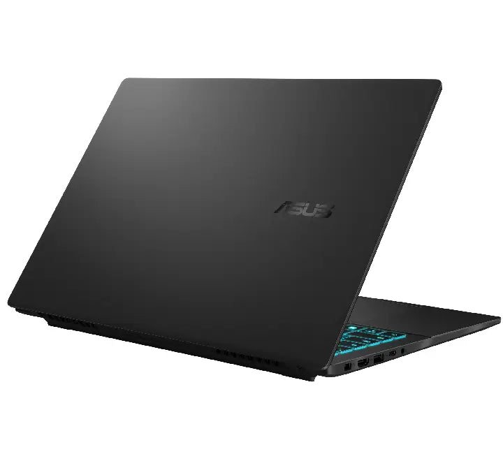 Angled top-down layout of the backlit chiclet keyboard with full numeric pad and the spacious precision touchpad on the ASUS Vivobook Gaming V16 laptop.