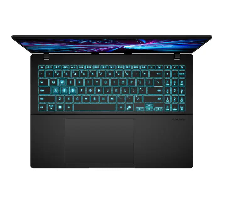 Close up view of the ASUS Vivobook Gaming V16 laptop displaying high performance gameplay running on the powerful NVIDIA GeForce RTX 5060 8GB GDDR7 graphics chip.