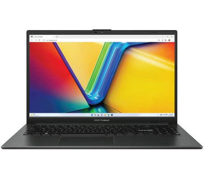 Front view of ASUS Vivobook Go 15 E1504GA-NJ406W in Mixed Black, showing the 15.6-inch NanoEdge display and Windows 11 interface.