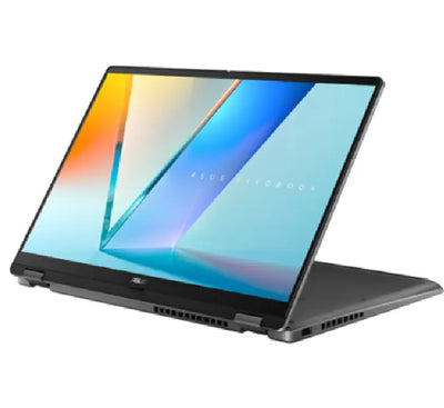 ASUS Vivobook S 14 Flip folded into tent mode showing the 360-degree hinge and stylus support for creative professionals.