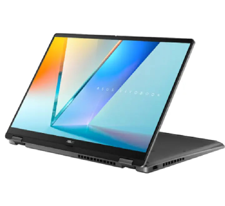 ASUS Vivobook S 14 Flip folded into tent mode showing the 360-degree hinge and stylus support for creative professionals.