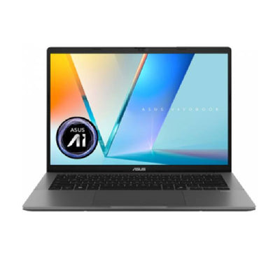 Front view of the ASUS Vivobook S14 S3407CA-OLED721WA laptop in Matte Gray, highlighting its glossy WUXGA OLED 16:10 display.