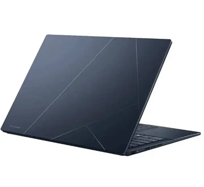 Side profile view of the ultra-thin 14.9mm ASUS Zenbook 14 OLED laptop, showcasing the Thunderbolt 4 ports and lightweight chassis.