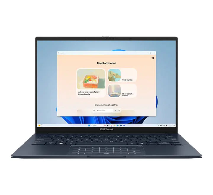 Front view of the ASUS Zenbook 14 OLED UX3405CA showing the 3K 120Hz display and sleek Ponder Blue chassis.