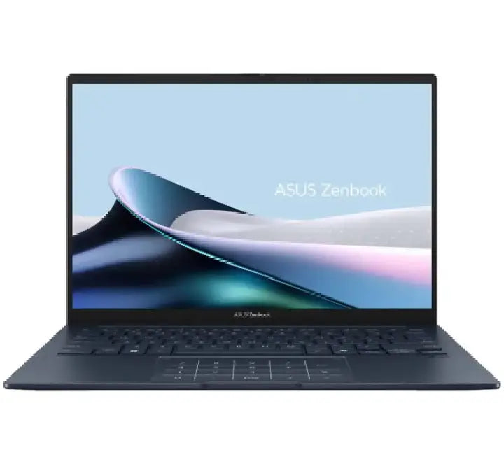 ASUS Zenbook 14 OLED UX3405CA laptop in Ponder Blue, showing the vivid 14-inch Lumina OLED display and sleek metallic finish.