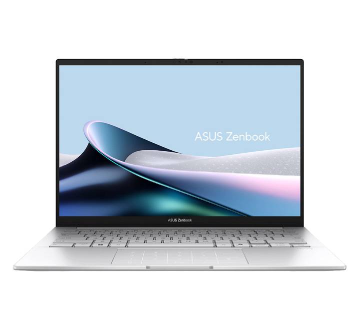 ASUS Zenbook 14 OLED UX3405CA Silver769WA laptop in Foggy Silver showing the premium chassis half-open.