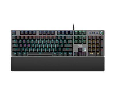 Front view of the AULA F2058 Wired Mechanical Gaming Keyboard with its magnetic wrist rest and RGB lighting.