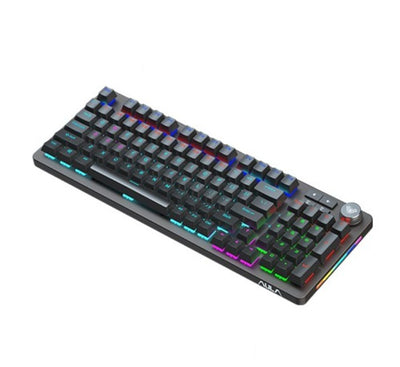 Close-up angle of the durable keycaps and mechanical switches on the black AULA F3080 gaming keyboard.
