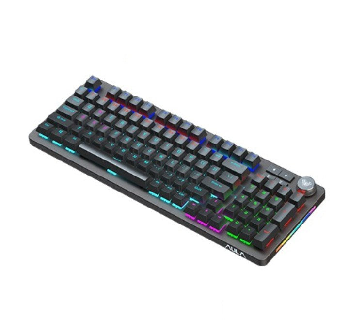 Close-up angle of the durable keycaps and mechanical switches on the black AULA F3080 gaming keyboard.