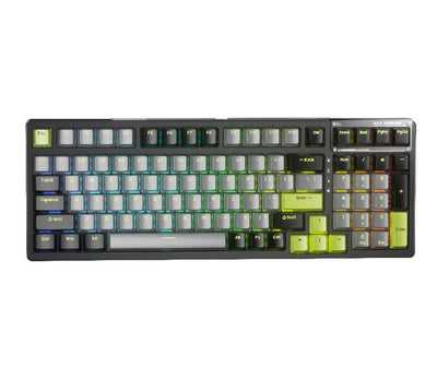 AULA RGB Gasket Transparent Gaming Keyboard F98 in Black displayed from an angle showing its glowing RGB lighting and 95% layout.