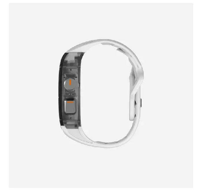 Soft white FKM fluoroelastomer watch strap with custom aluminum closure pin on Aulumu A01 band
