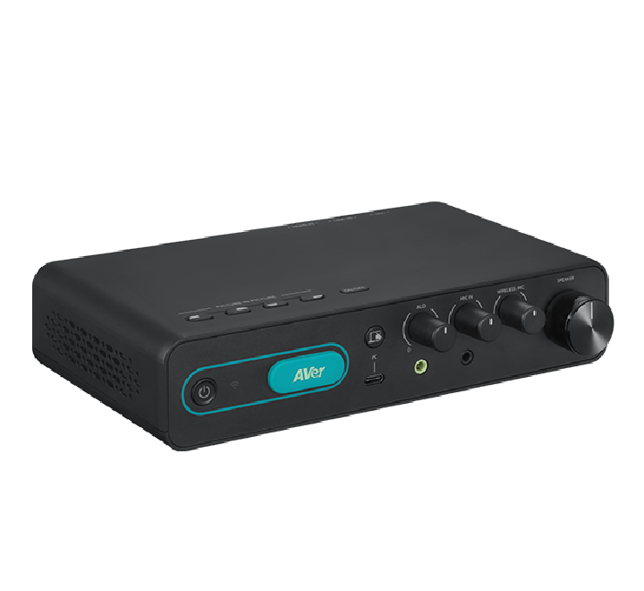Rear panel connectivity layout of the AVer AmpliWave SA-A5 showing HDMI input, HDMI output, USB-C ports, and audio connections.
