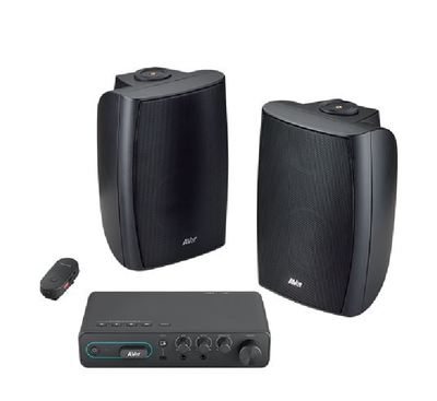 AVer AmpliWave SA-A5 streaming audio system main receiver unit with integrated dual wireless pendant microphones and stereo speakers.
