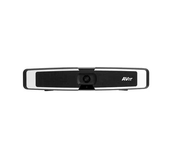 AVer VB130 video bar mounted on top of a screen in a modern huddle meeting room