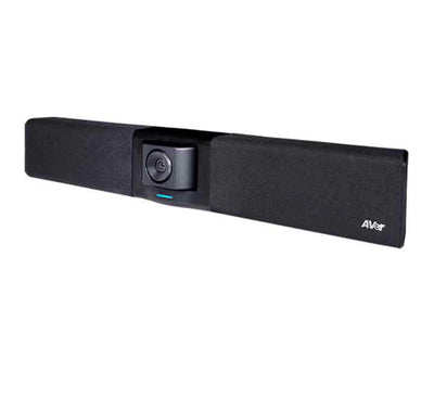 AVer VB342 Pro video soundbar installed under a TV in a modern small conference room.