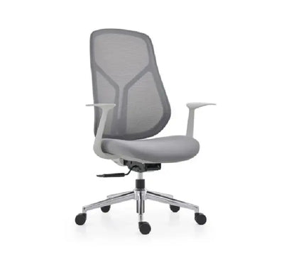 Bai Sheng ergonomic mesh staff chair in black with curved lumbar support, fixed armrests, and a chrome wheeled star base.