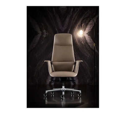 Close-up view of the heavy-duty reinforced chrome star base and smooth-rolling nylon casters on the Bai Sheng executive chair.