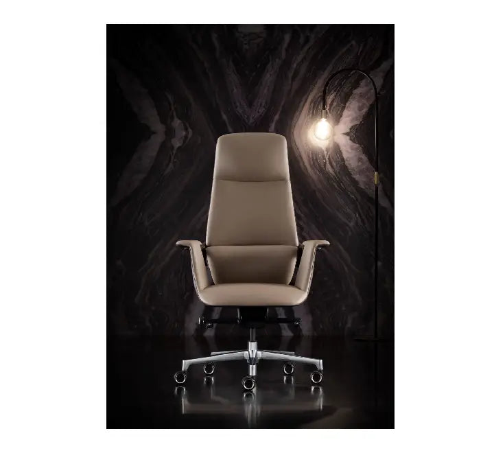Close-up view of the heavy-duty reinforced chrome star base and smooth-rolling nylon casters on the Bai Sheng executive chair.
