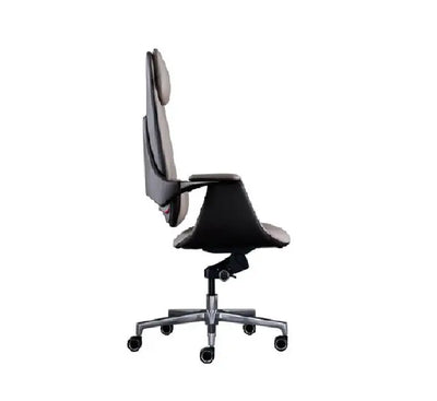Side profile of the Bai Sheng executive office chair showcasing the ergonomic lumbar curve, padded armrests, and recline mechanism.
