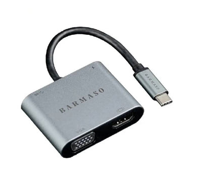 Barmaso 4-in-1 USB-C hub adapter (Model 2565) in aluminum alloy showing HDMI, VGA, USB 3.0, and PD ports.
