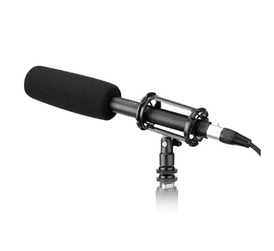 Front view of BOYA BY-BM6060 professional XLR shotgun condenser microphone in black.