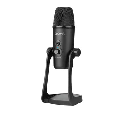 Front view of the BOYA BY-PM700 Pro desktop condenser microphone in matte black with integrated control dials.