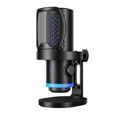 BOYA CastMic G40 RGB USB gaming microphone in black with dynamic lighting and pop filter.