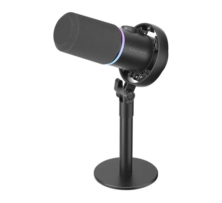 BOYA CastMic S60D dynamic USB and XLR microphone in black, mounted on its included desktop disc stand with pop filter.