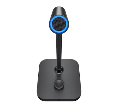 Close-up of the BOYA CM40 base showing the 0-30dB gain adjustment knob, quick mute button, and 3.5mm headphone jack.