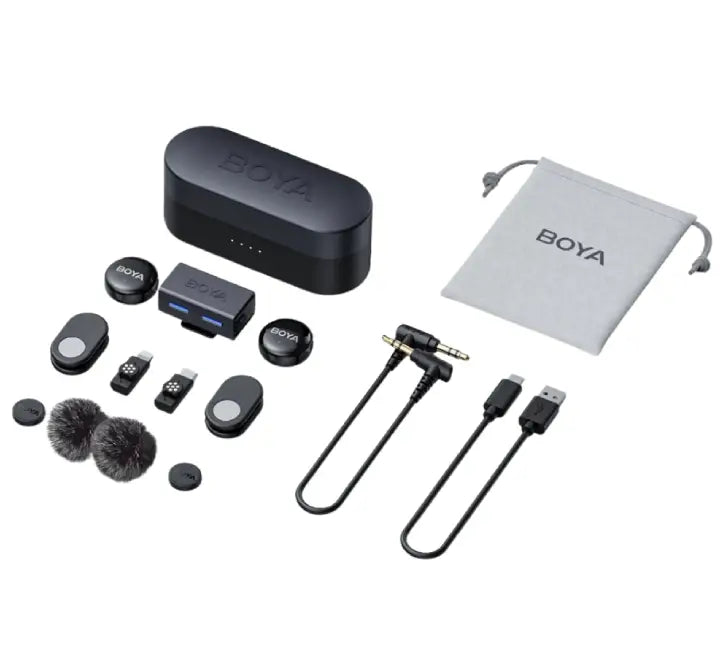 BOYALINK 3-01 Wireless Microphone System in Black with transmitters, receiver, and swappable connectors