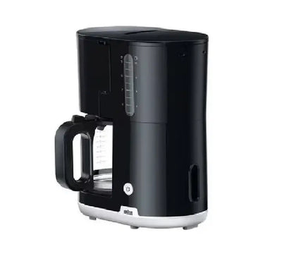 Close-up of Braun Breakfast1 coffee maker KF-1100 BK pivoting filter basket and OptiBrew power switch