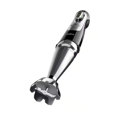 Close-up view of the 2.0-liter XL Food Processor attachment with dicing grids and slicing discs included in the Braun MQ9187XLI premium hand blender bundle.
