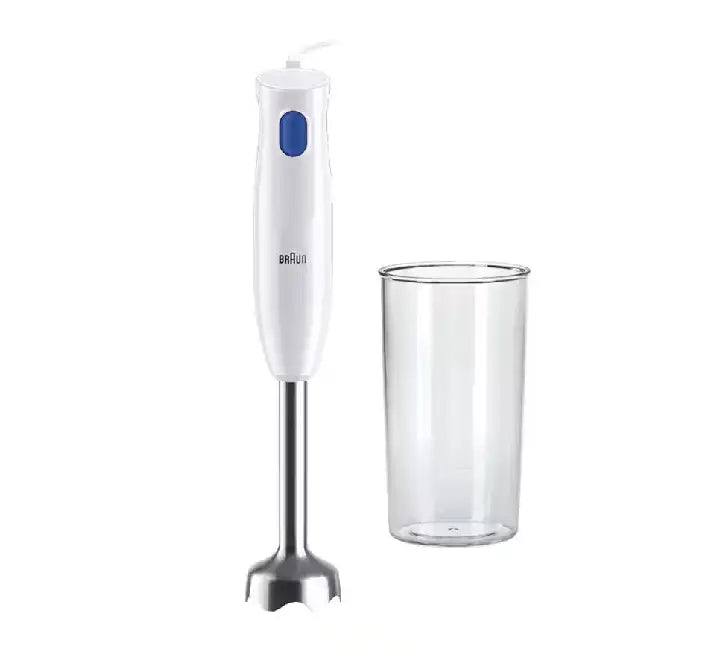 Braun MultiQuick 1 Hand Blender MQ 10.001M WH in glossy white featuring a stainless steel blending shaft alongside a clear plastic 600ml measuring beaker.