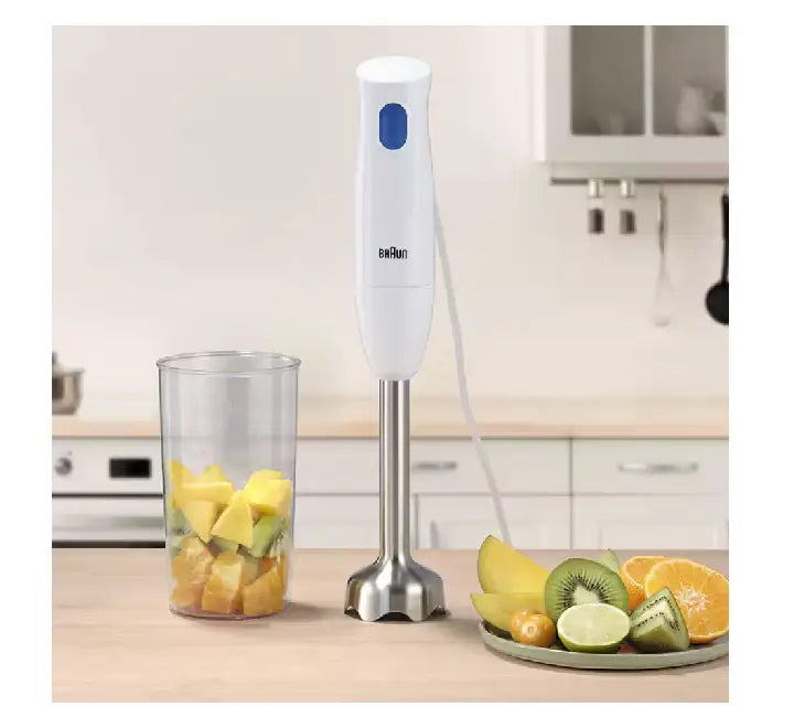 Braun MultiQuick 1 Hand Blender MQ 10.001M WH in glossy white featuring a stainless steel blending shaft alongside a clear plastic 600ml measuring beaker.