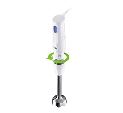 Braun MultiQuick 1 hand blender sitting on a modern kitchen countertop next to a plate of fresh kiwi, orange, and lemon slices.