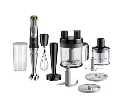 Braun MultiQuick 9 MQ 9187XLI Hand Blender Premium Set displaying the main 1200W motor unit, ActiveBlade wand, XL food processor, dicing kit, chopper, puree tool, whisk, and beaker.