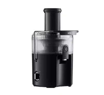 Braun MultiJuice 5 Spin Juicer SJ5000BK in matte black on a kitchen counter next to a clear juice pitcher filled with fresh orange juice.