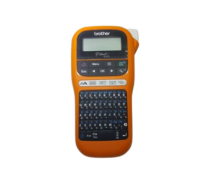 Brother PT-E110VP industrial handheld label printer shown with its hard carrying case and accessories.